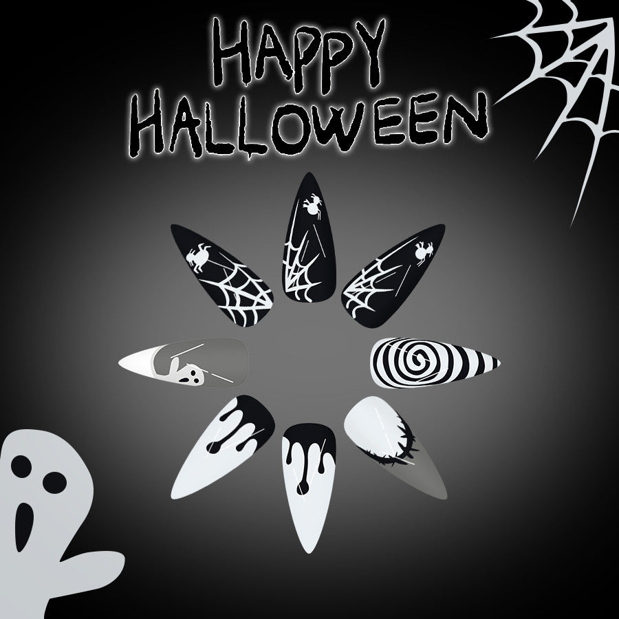 Halloween-themed nail art designs on a dark background with 'Happy Halloween' text.
