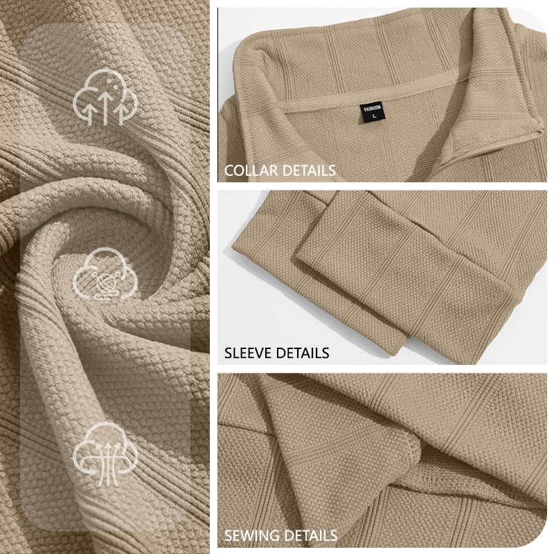 Three-panel detail collage of a beige knit garment, showing collar details, sleeve details, and sewing details, with a large fabric texture view on the left and text labels on the right.