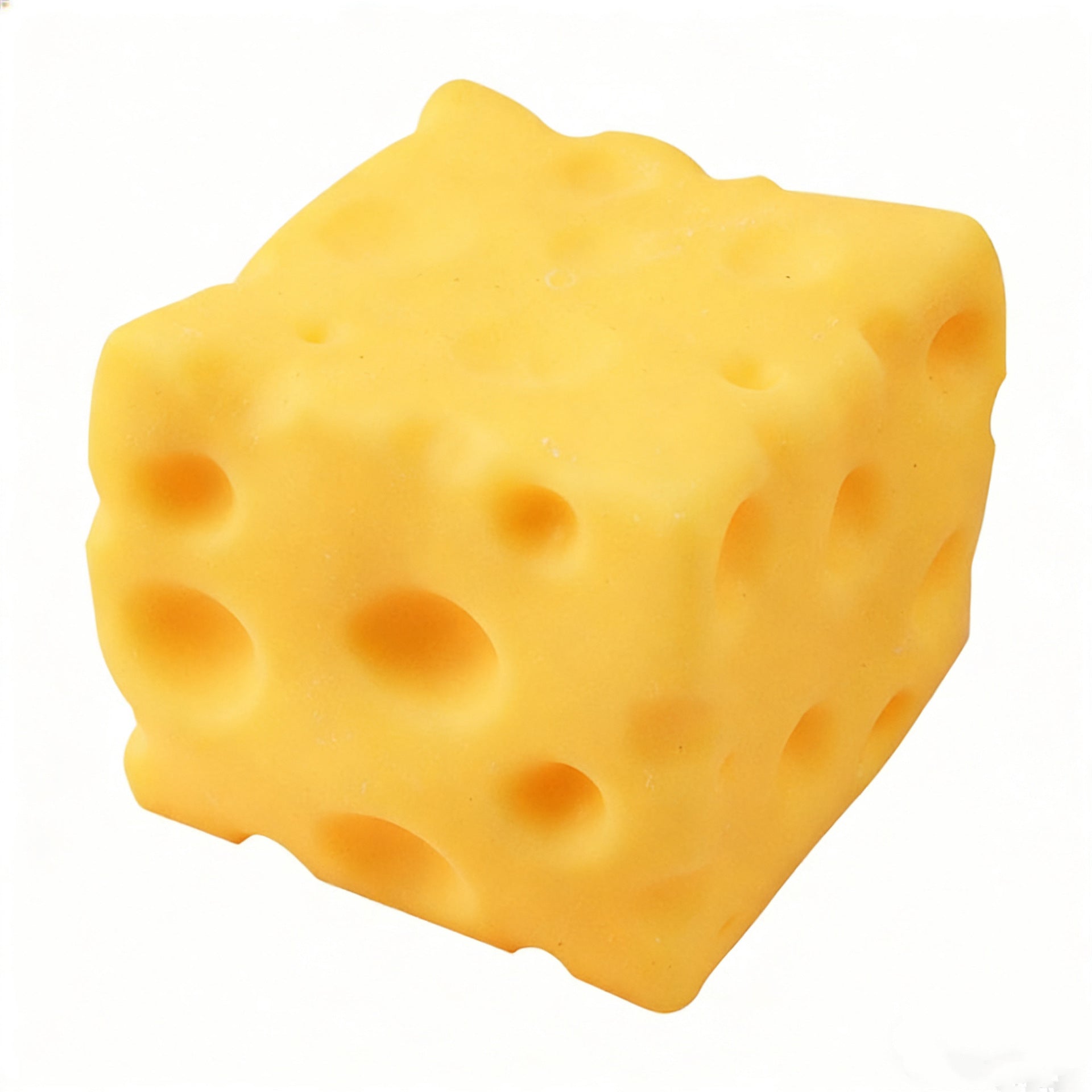 Yellow cube squishy with cheese-like texture on a white background