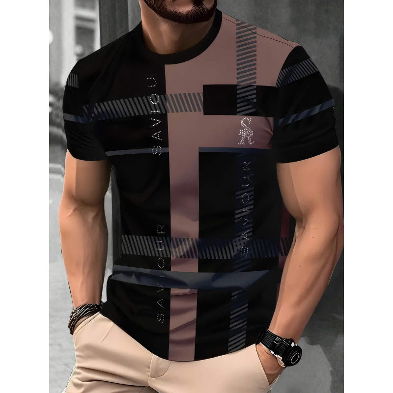 Man wearing a black and brown patterned t-shirt with 'SAVOIR' branding.
