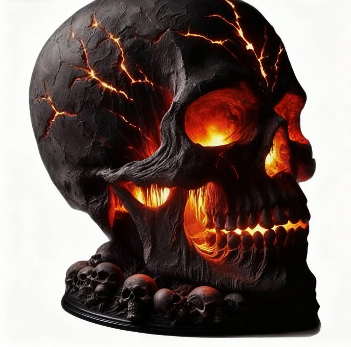 A black skull-shaped decorative object with glowing orange and red internal lights, shown on a plain white background. The skull has cracked surface details and a base decorated with smaller skull figures.