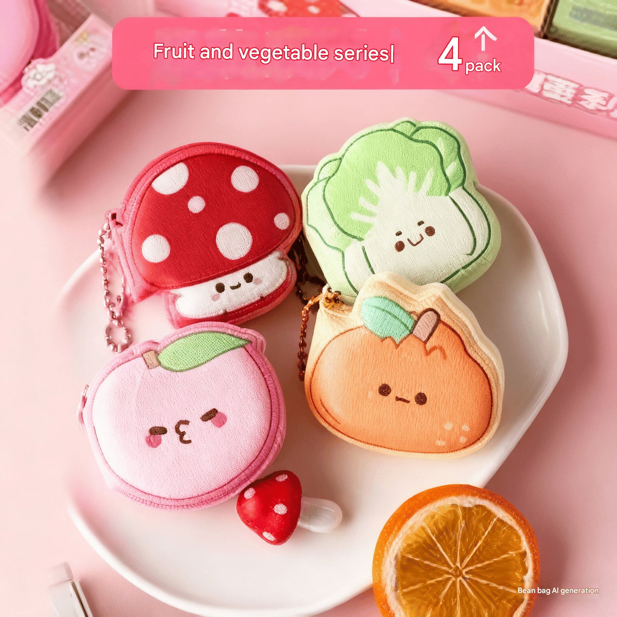 Four cute fruit-themed coin purses on a pink background with text indicating 'Fruit and vegetable series' and '4 pack'.