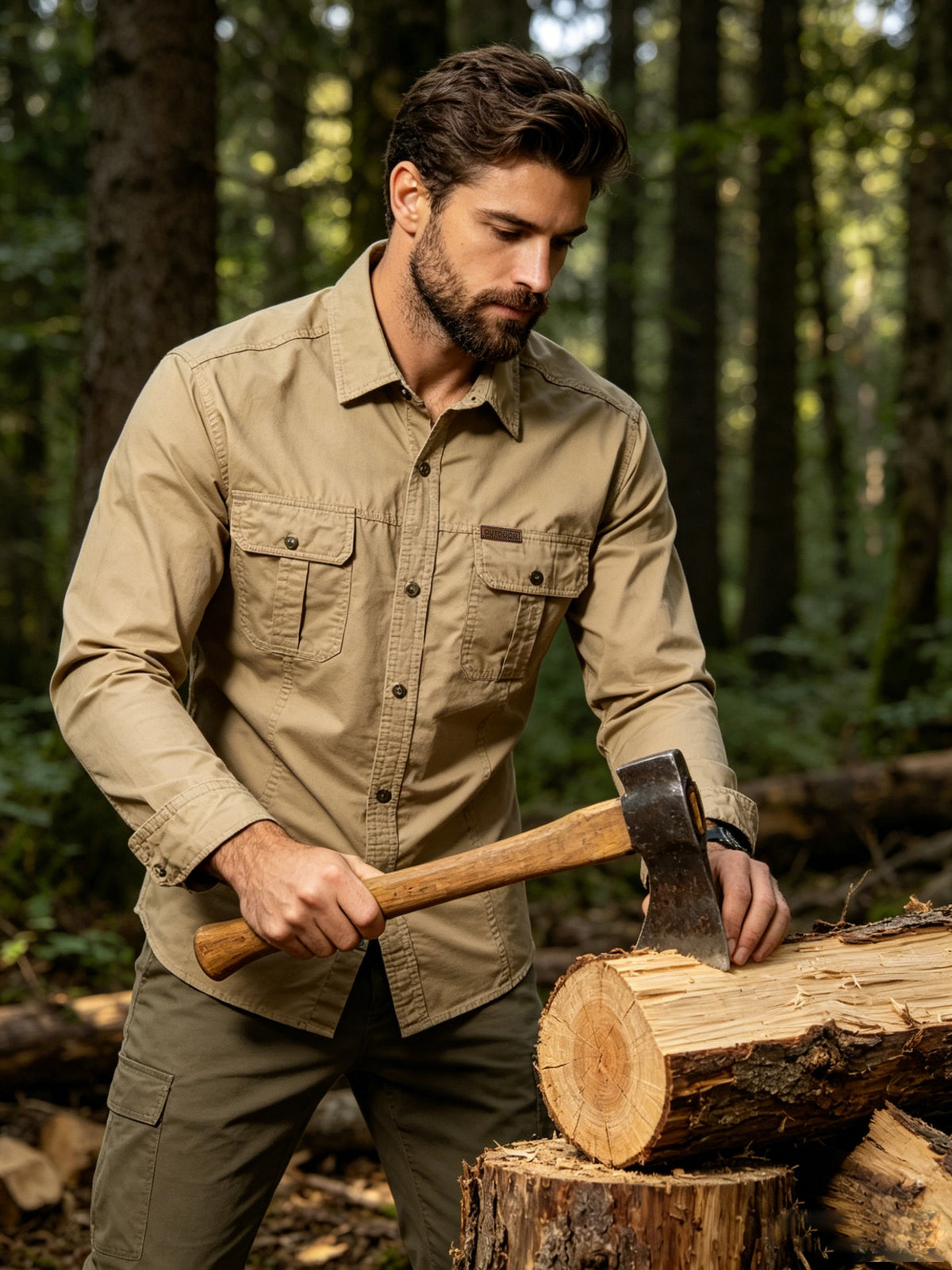 A man in a forest setting wearing a tan long-sleeve button-up shirt and olive cargo pants, holding an axe over a log.