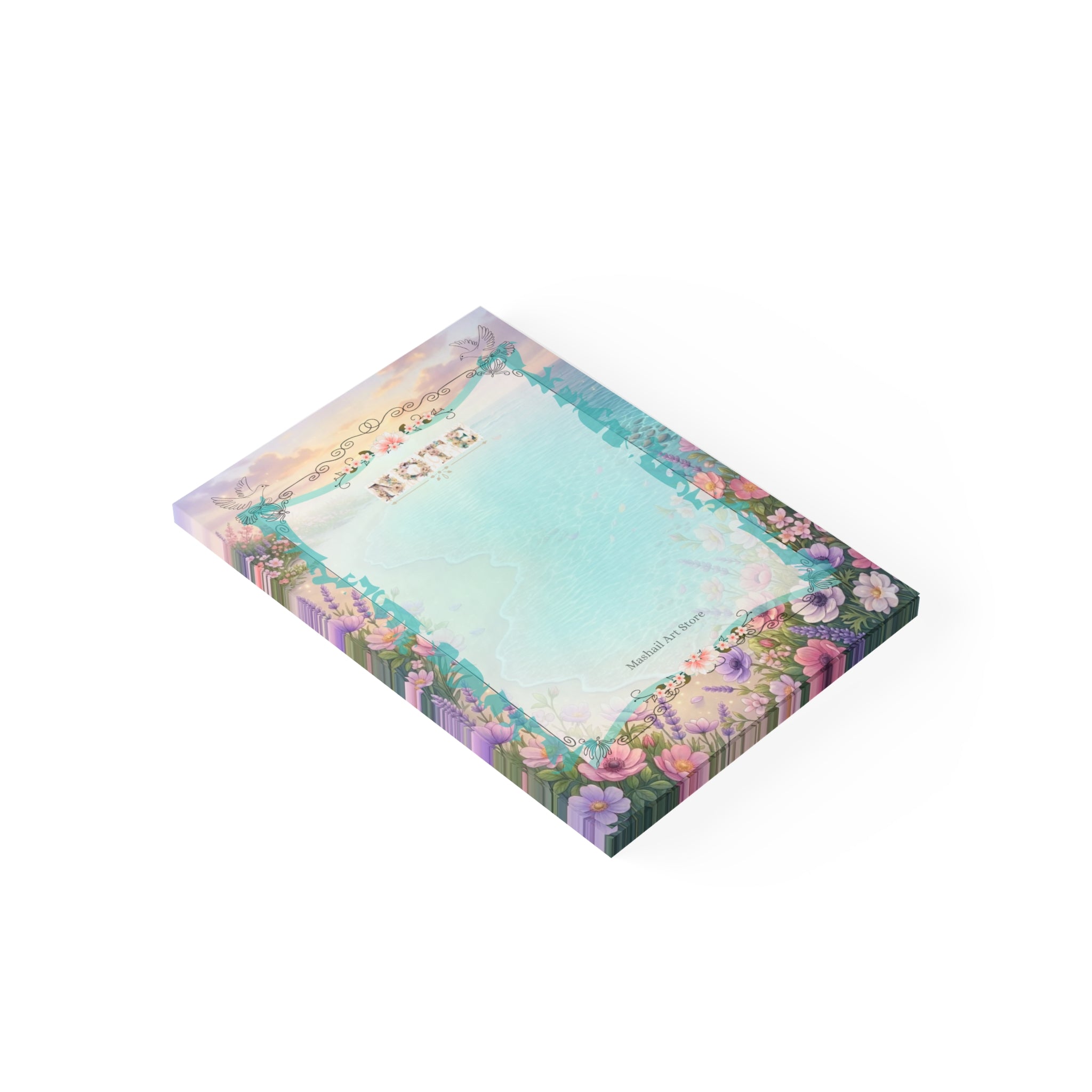Floral design notepad with 'Note' text on a white background