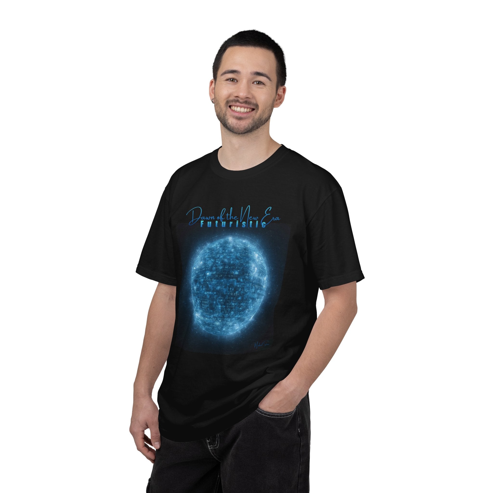 Person wearing a black t-shirt with a blue graphic design on a white background