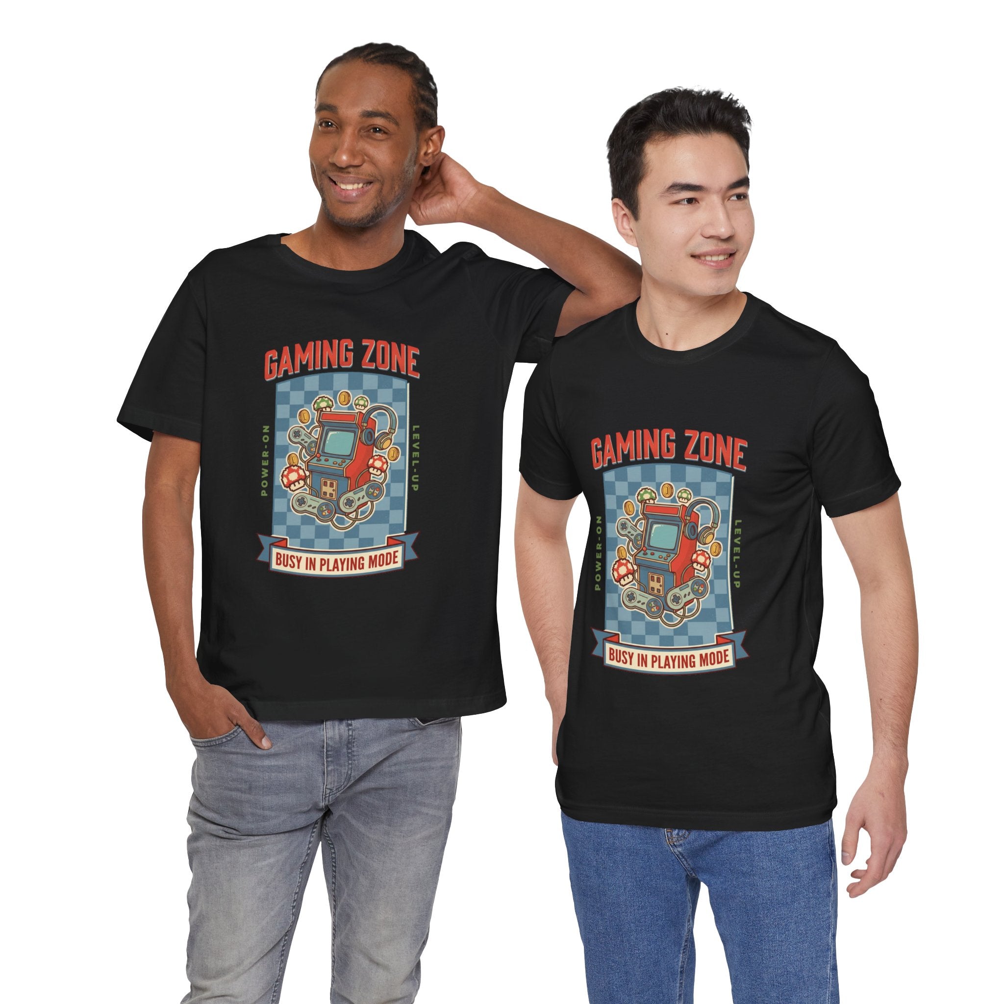 Two men wearing black t-shirts with a graphic design and text on a white background