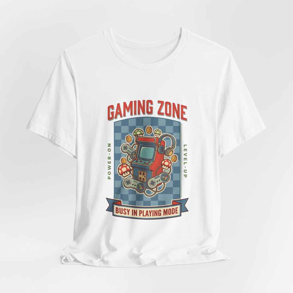 White t-shirt with a 'Gaming Zone' graphic design featuring a retro game console on a white background.