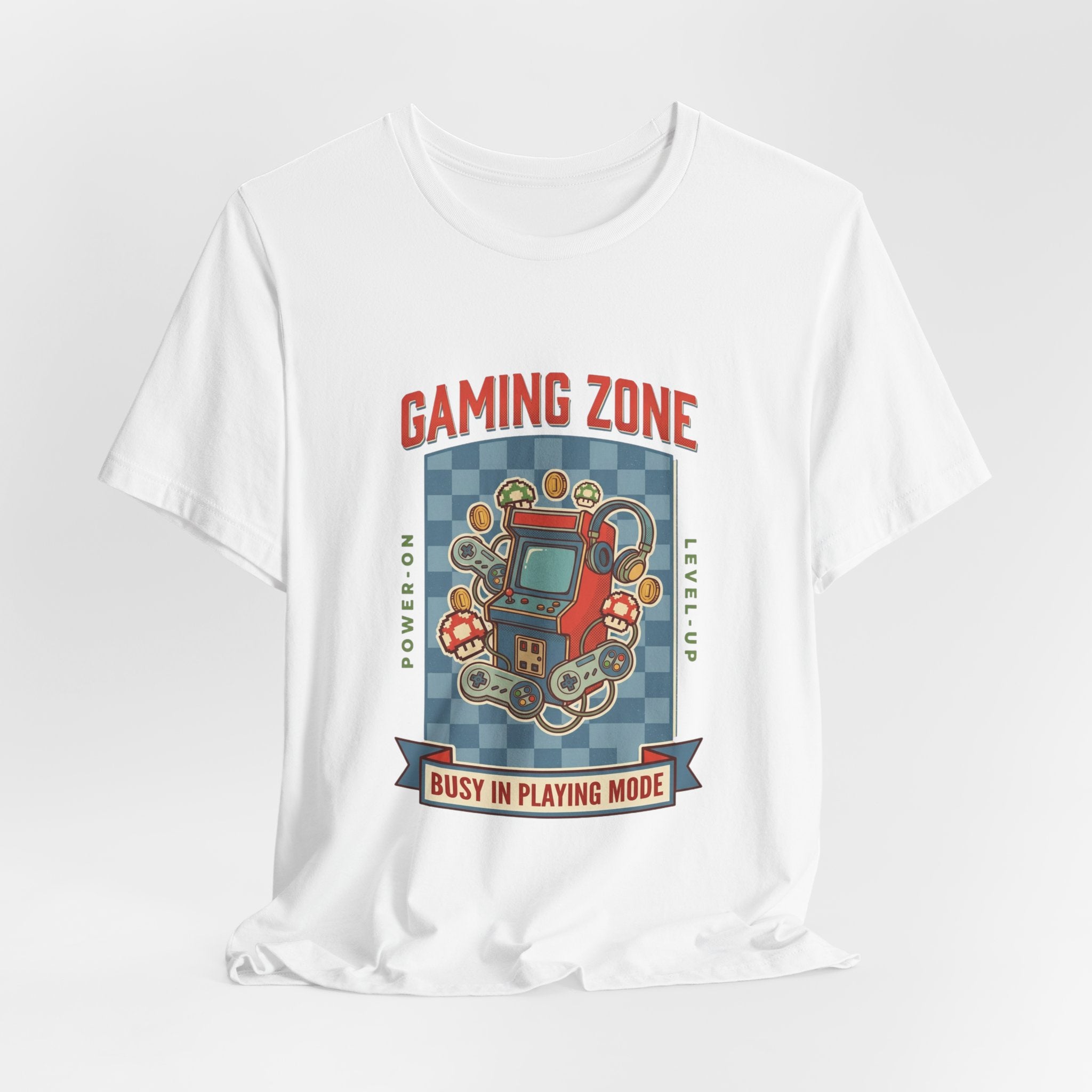 White t-shirt with a 'Gaming Zone' graphic design featuring a retro game console on a white background.