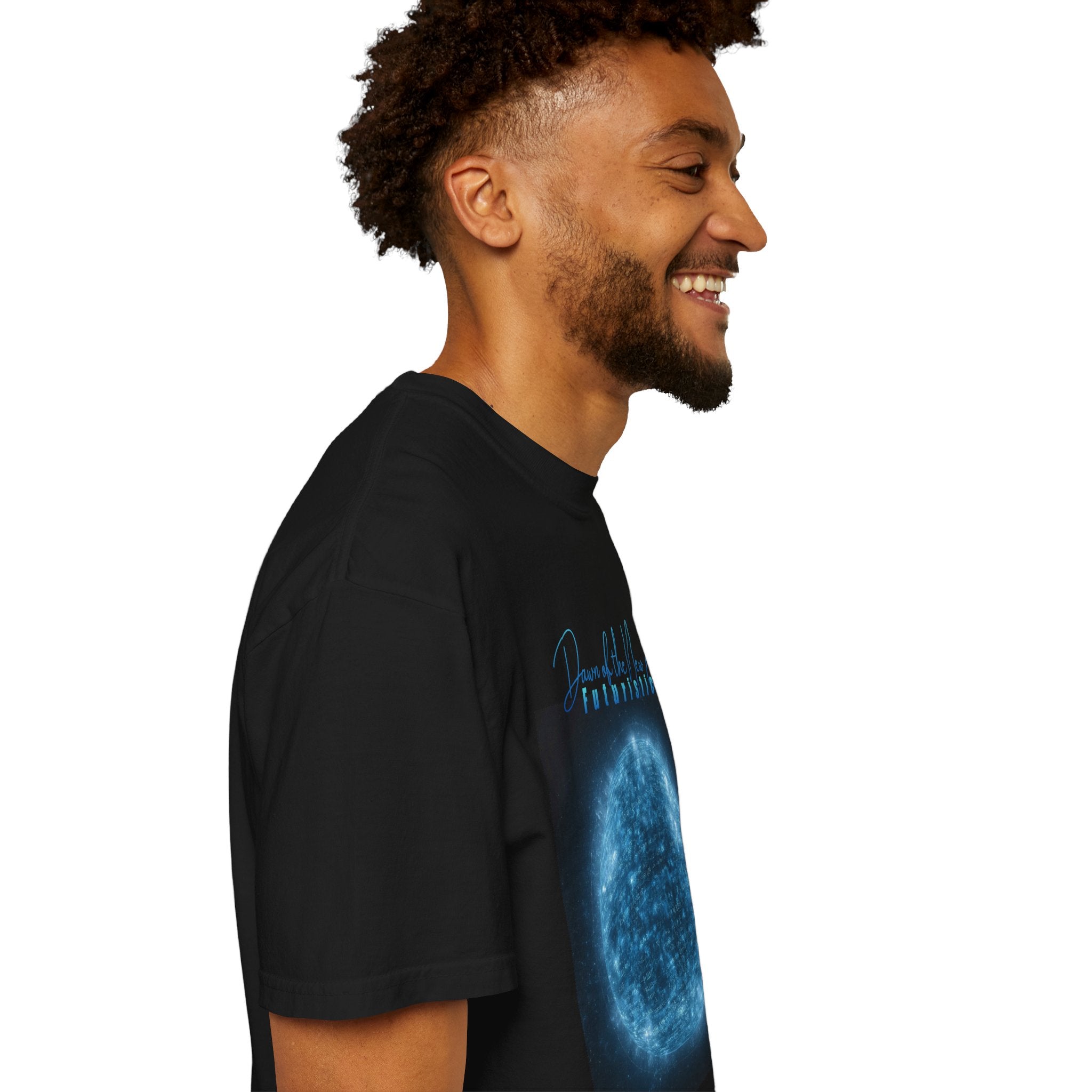 Man wearing a black t-shirt with a blue graphic design on a white background