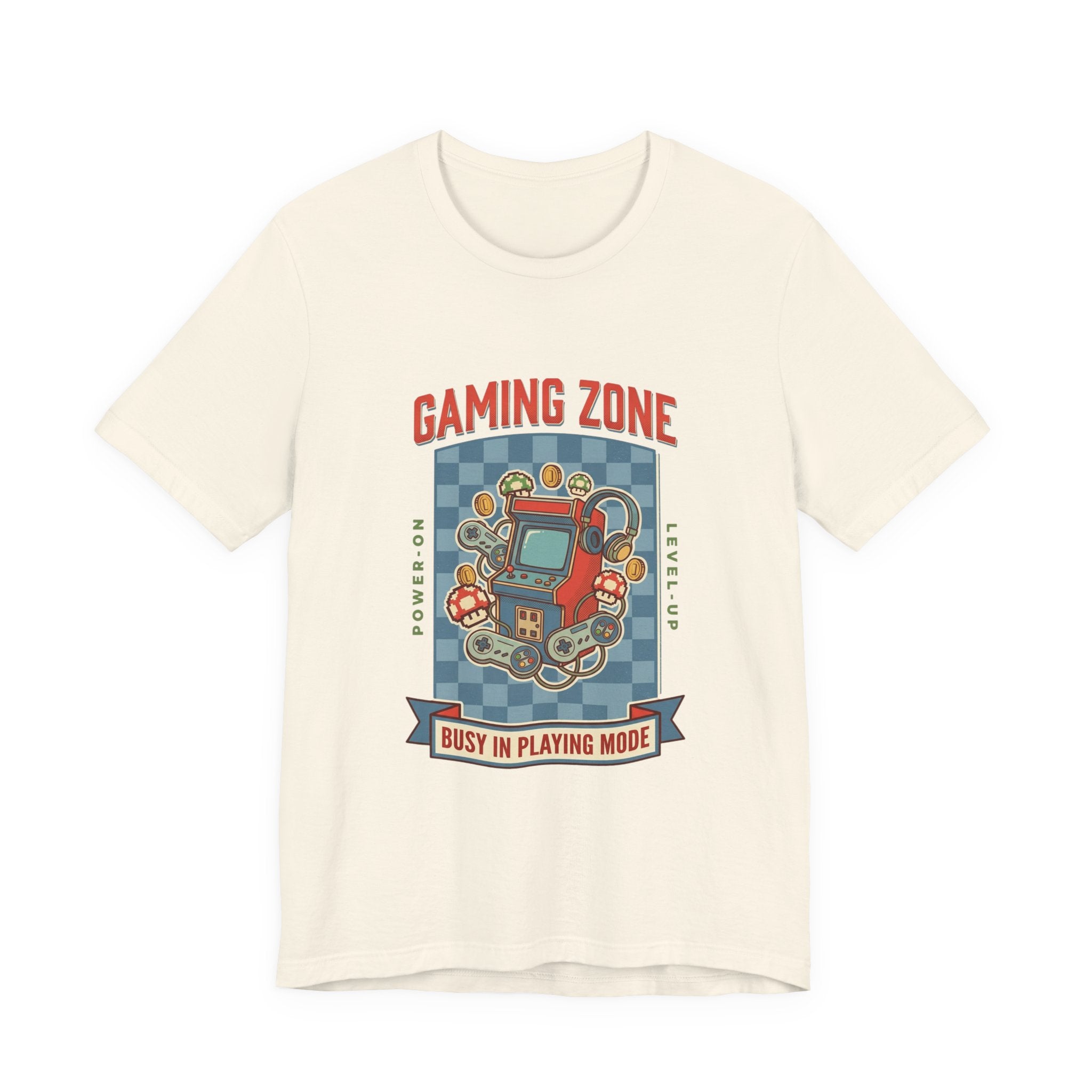 Beige t-shirt with a gaming-themed graphic on a white background