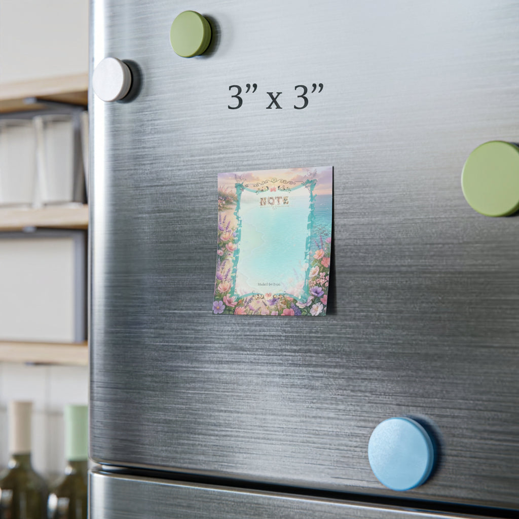 Fridge with a floral notepad on a kitchen counter