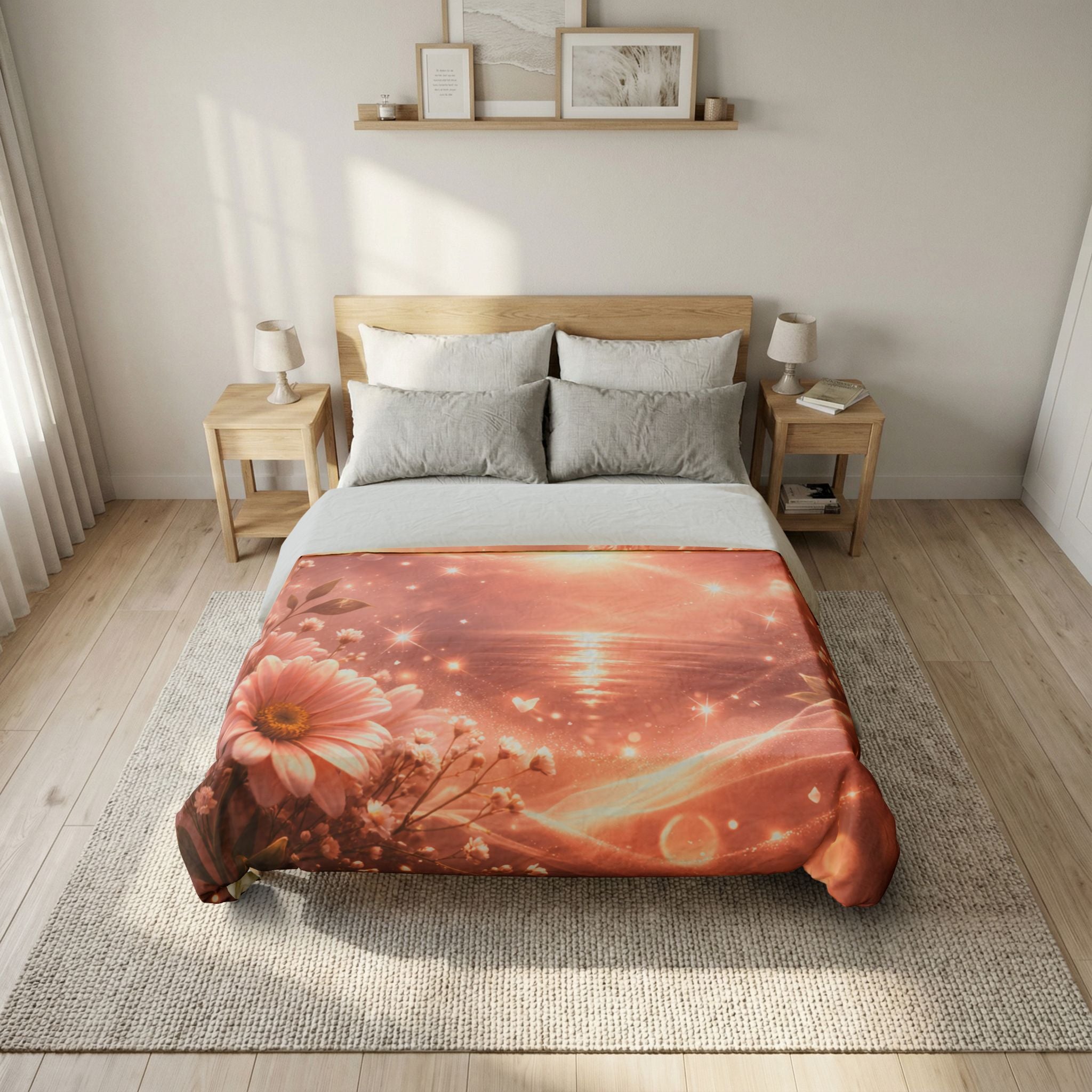Peach Floral Ocean Duvet Cover | Sunset Aesthetic Bedding