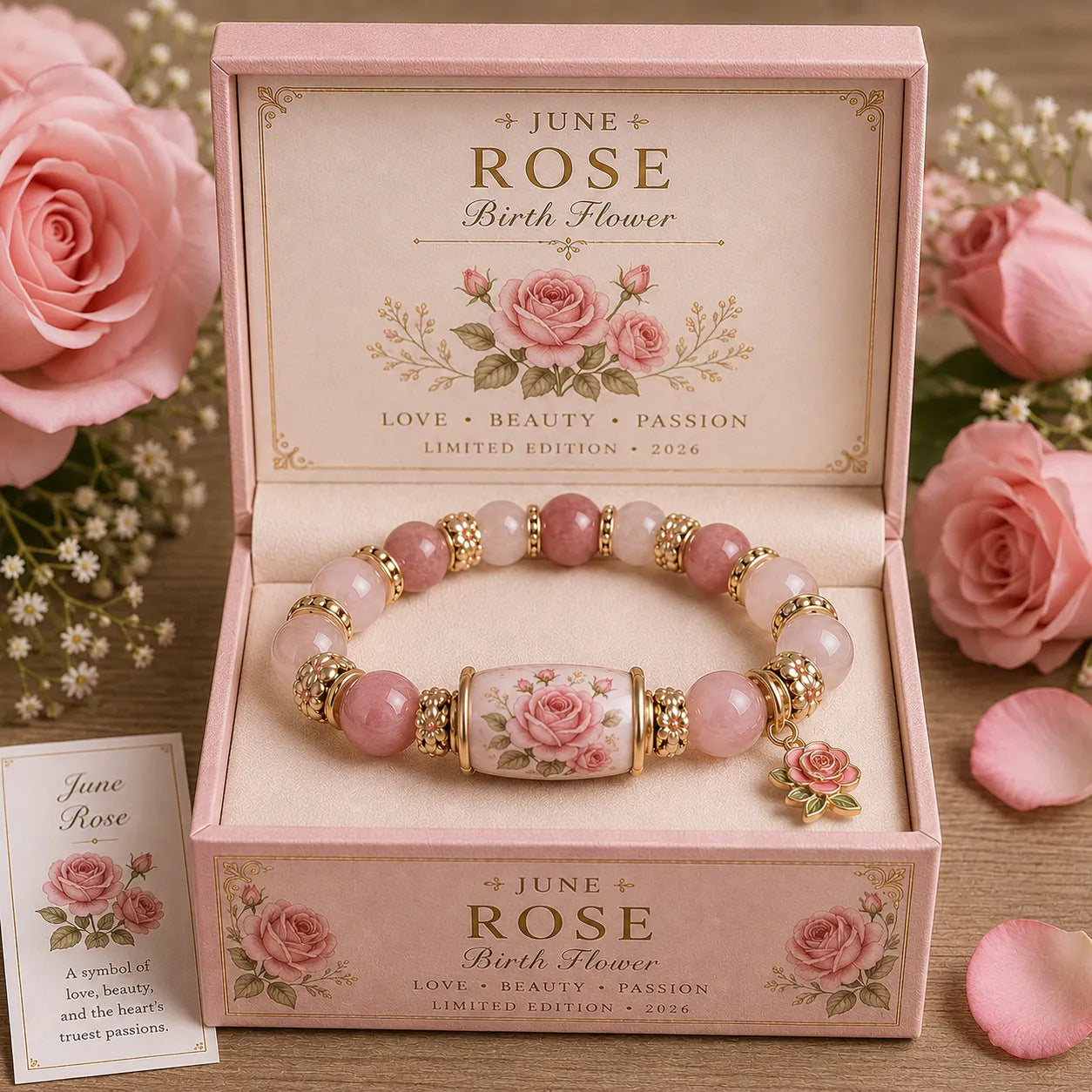 A pink beaded bracelet with gold-toned spacer beads and a central floral tile charm, presented inside a pink floral gift box labeled June Rose Birth Flower. Pink roses and petals surround the box on a wooden surface.