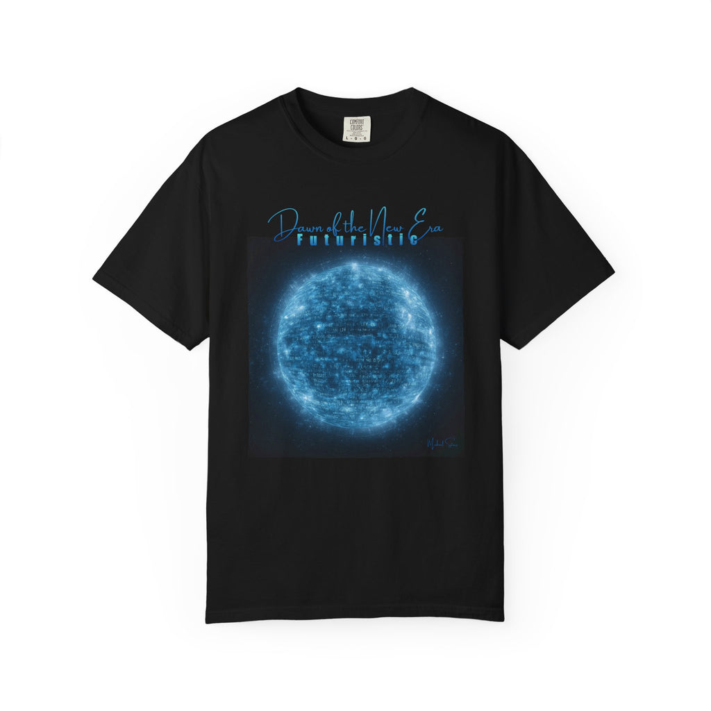 Black t-shirt with a blue graphic design on a white background