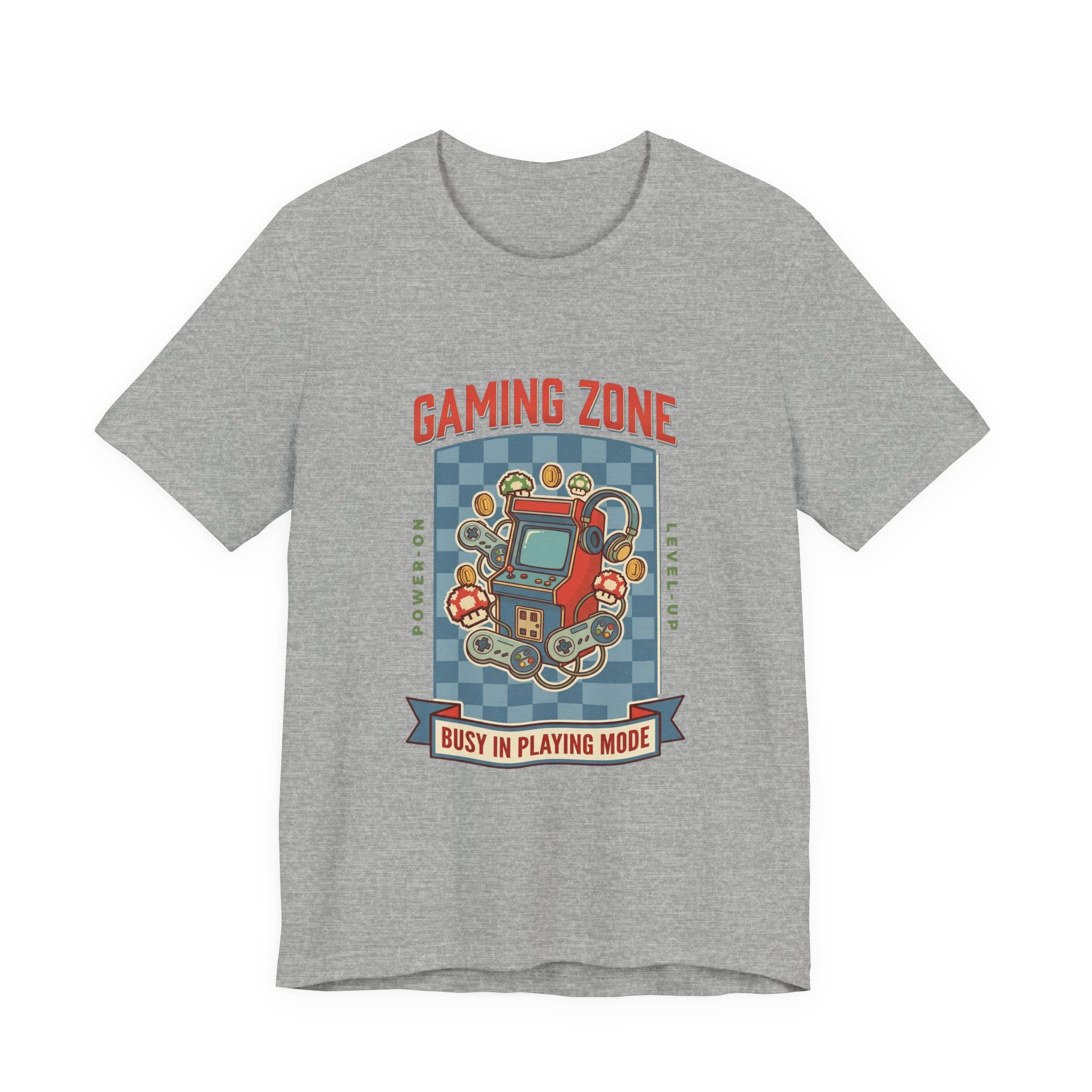 Gray t-shirt with a gaming-themed graphic and text on a white background