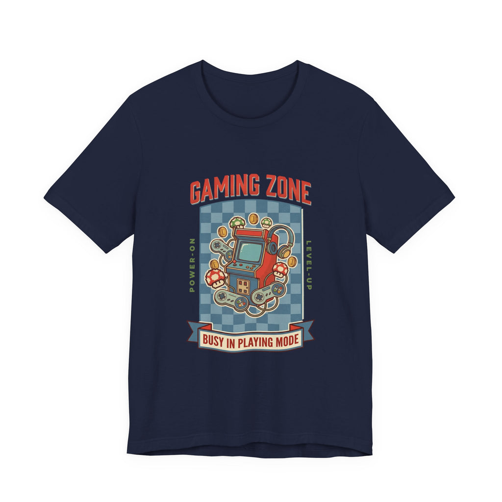 Navy blue t-shirt with 'Gaming Zone' graphic design on a white background