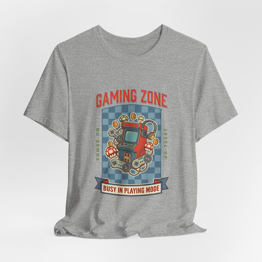 Gray t-shirt with a colorful gaming-themed graphic on a white background