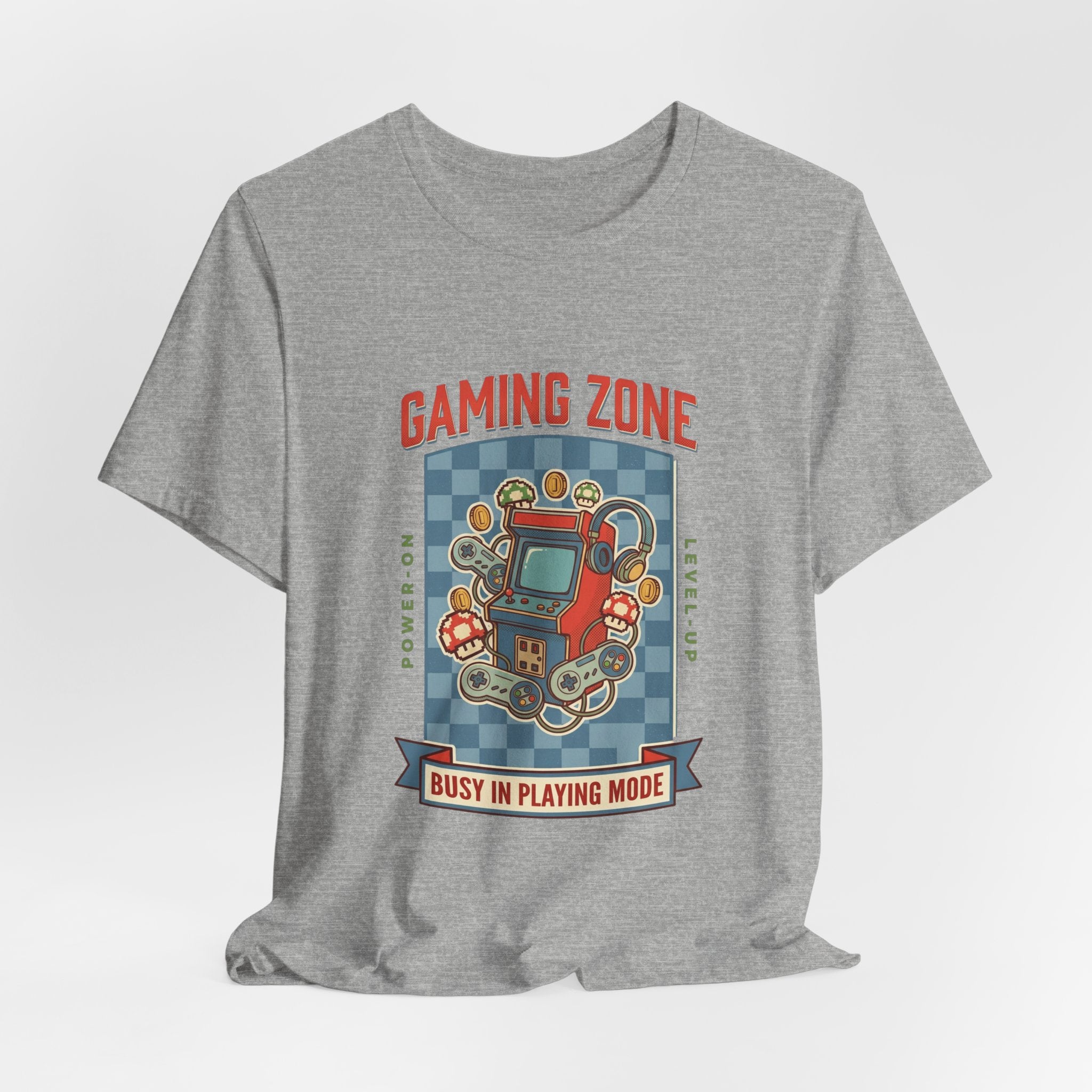 Gray t-shirt with a colorful gaming-themed graphic on a white background