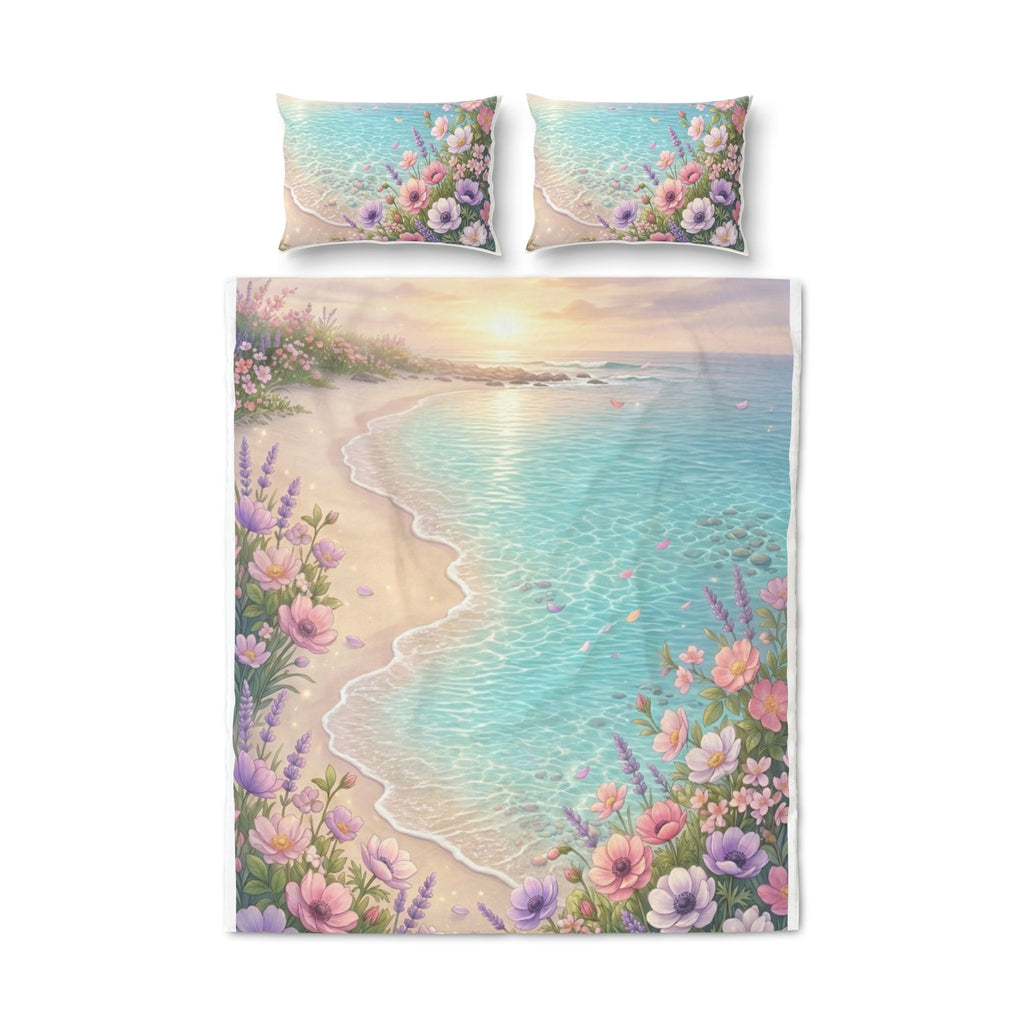 Bedding set with beach and floral design on a white background