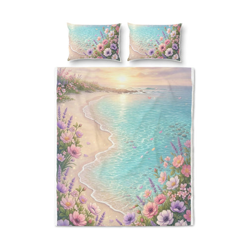 Bedding set with beach and floral design on a white background
