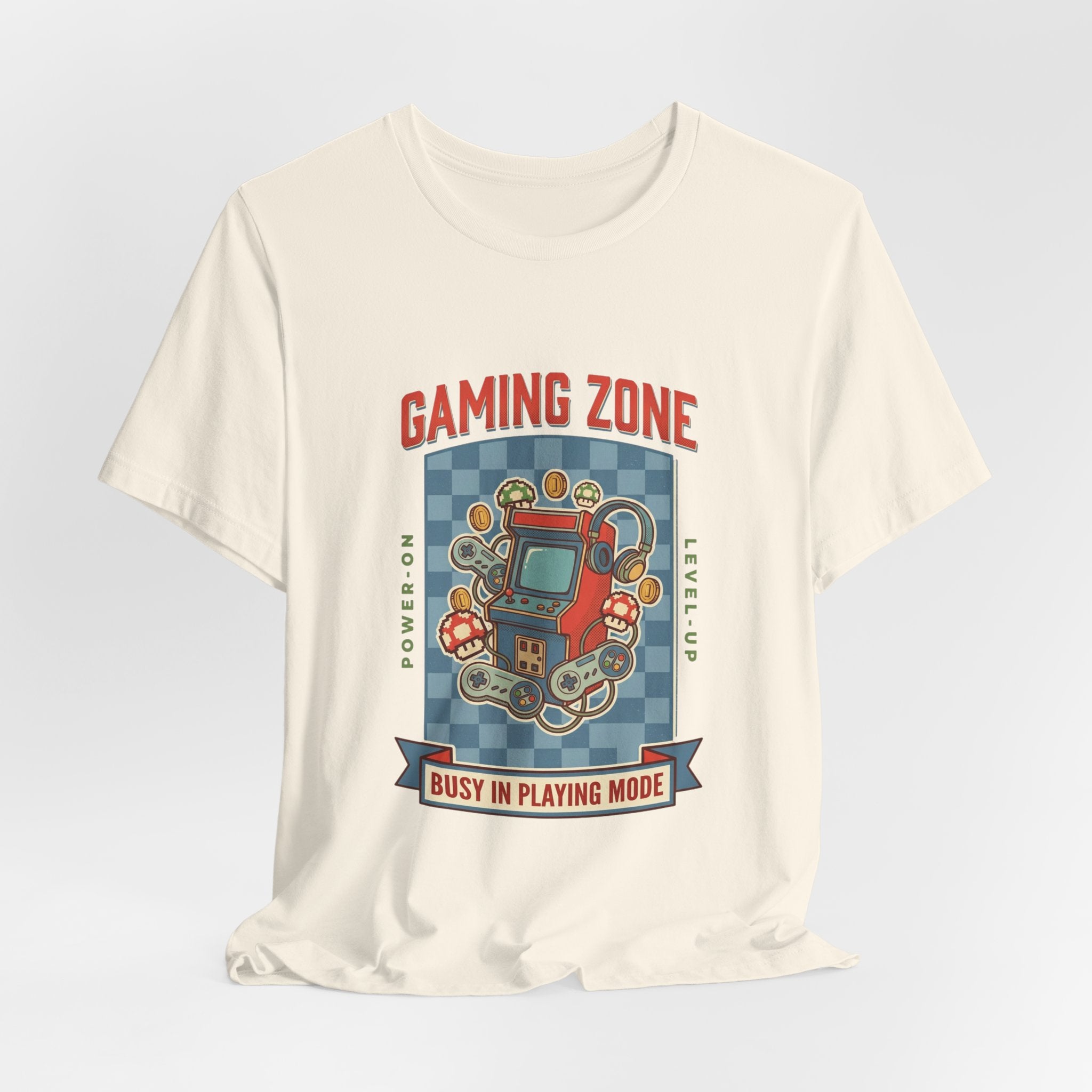 White t-shirt with a retro gaming graphic and text on a light gray background