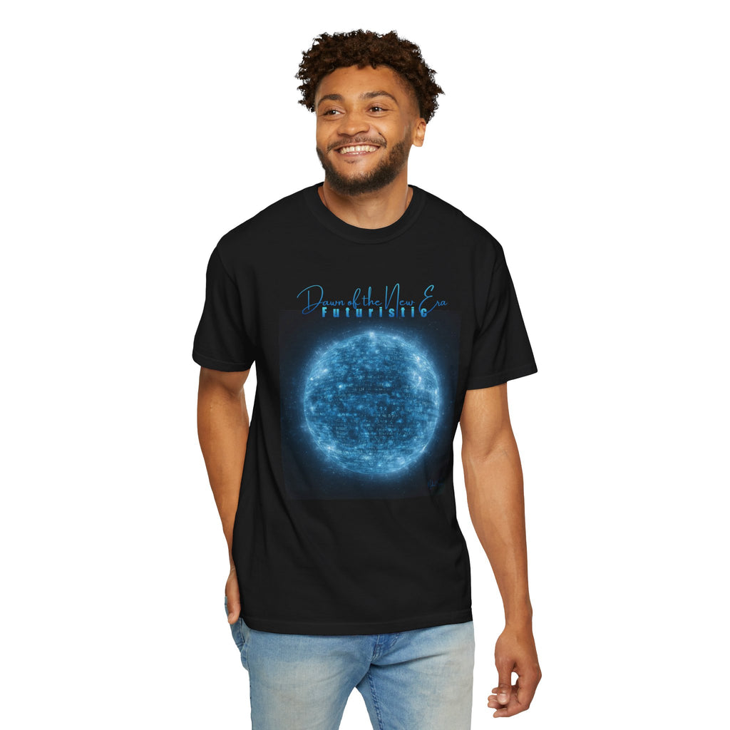 Man wearing a black t-shirt with a blue graphic design on a white background