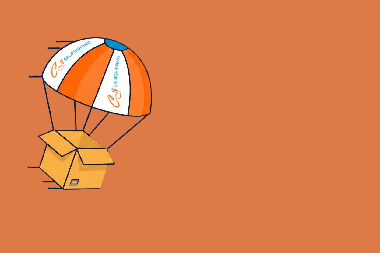 Cartoon illustration of a box being delivered with a parachute on a blue background