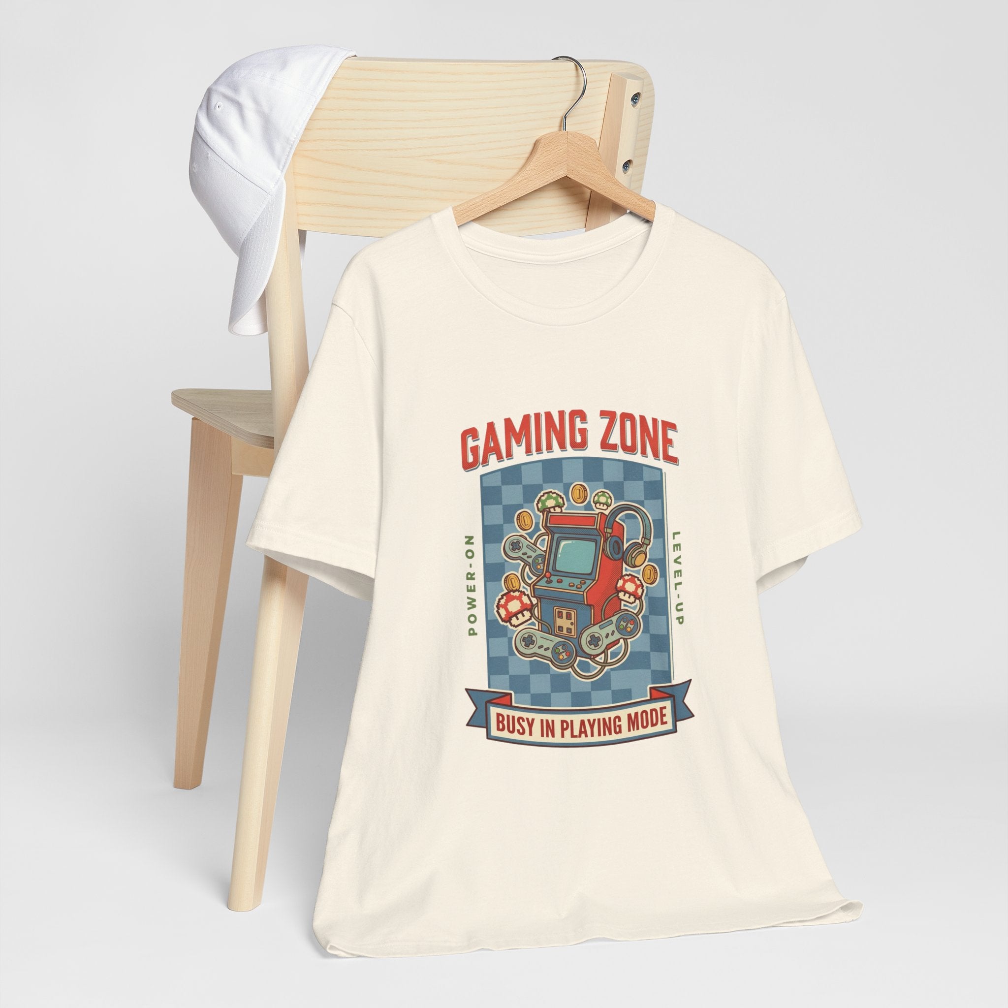 Beige t-shirt with 'Gaming Zone' graphic design on a white background