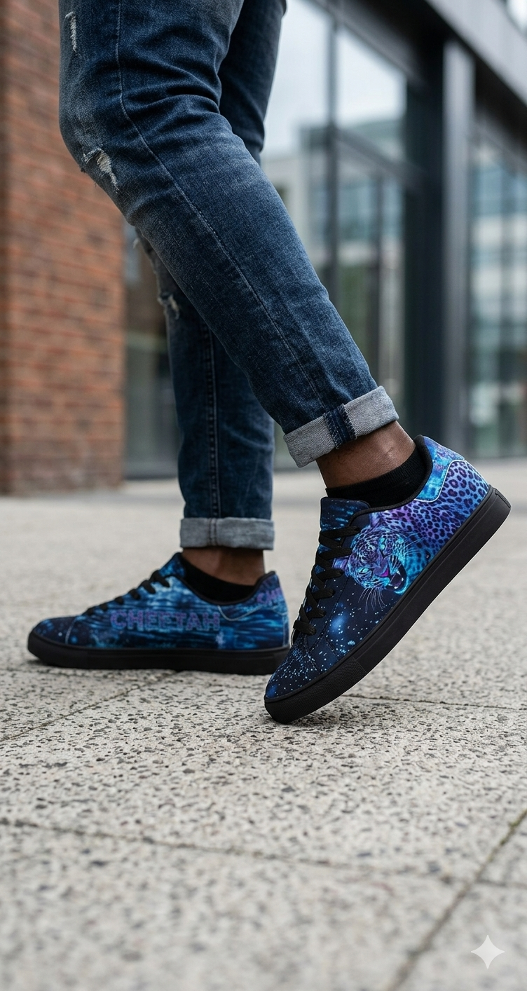 Person wearing blue and black patterned sneakers with rolled-up jeans on a pavement.