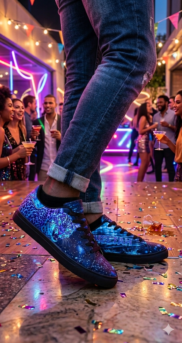 Person wearing galaxy-patterned shoes on a lively street at night.