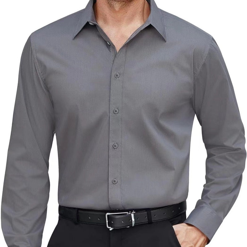 Gray dress shirt worn by a person on a white background
