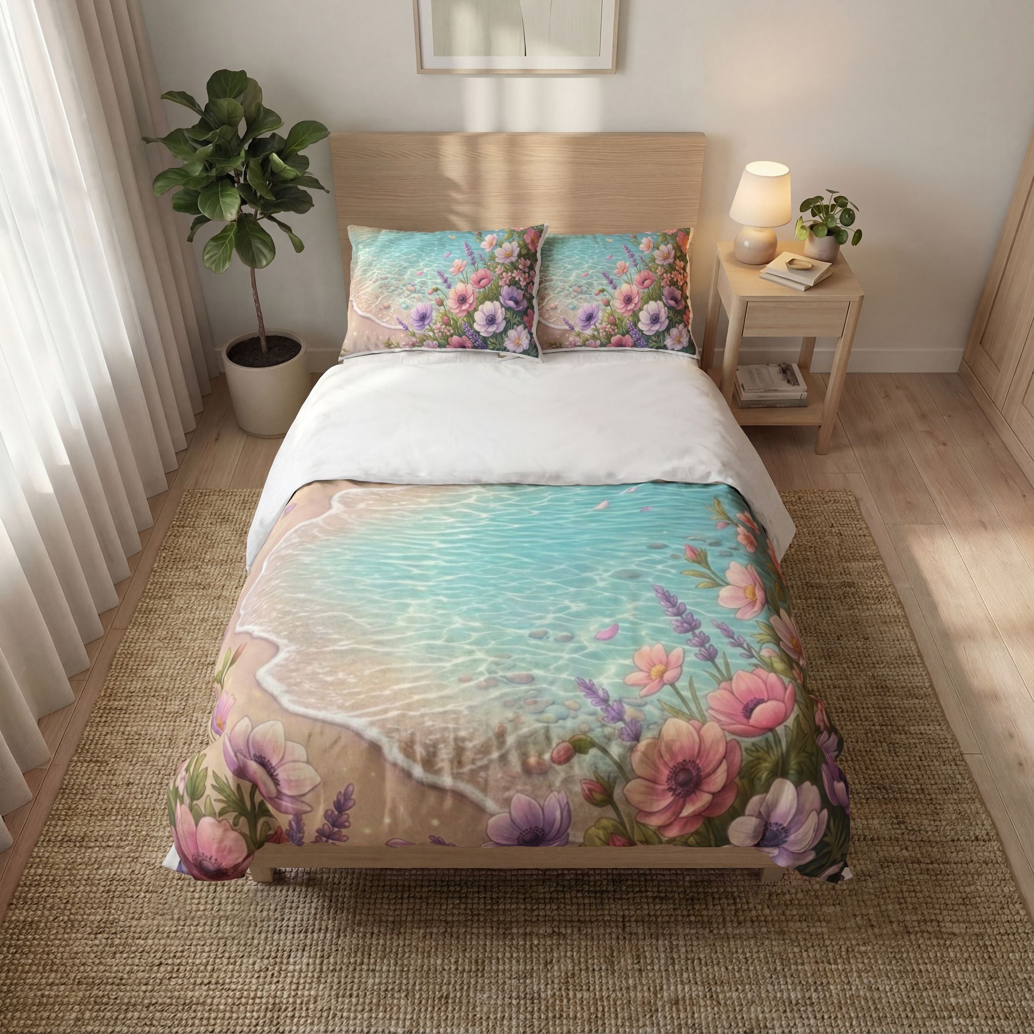 Bed with floral comforter and pillows in a bedroom setting