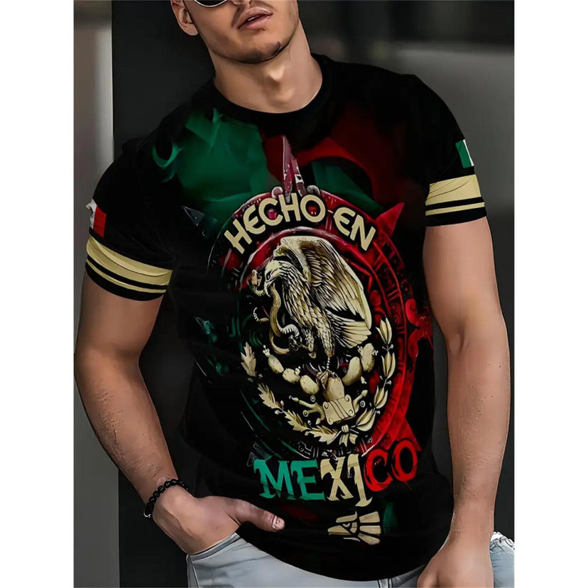 Man wearing a black t-shirt with a colorful graphic design featuring an eagle and text.
