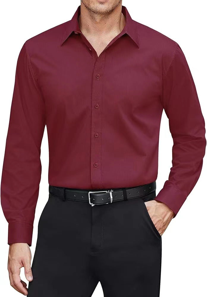 Maroon dress shirt worn by a person on a white background
