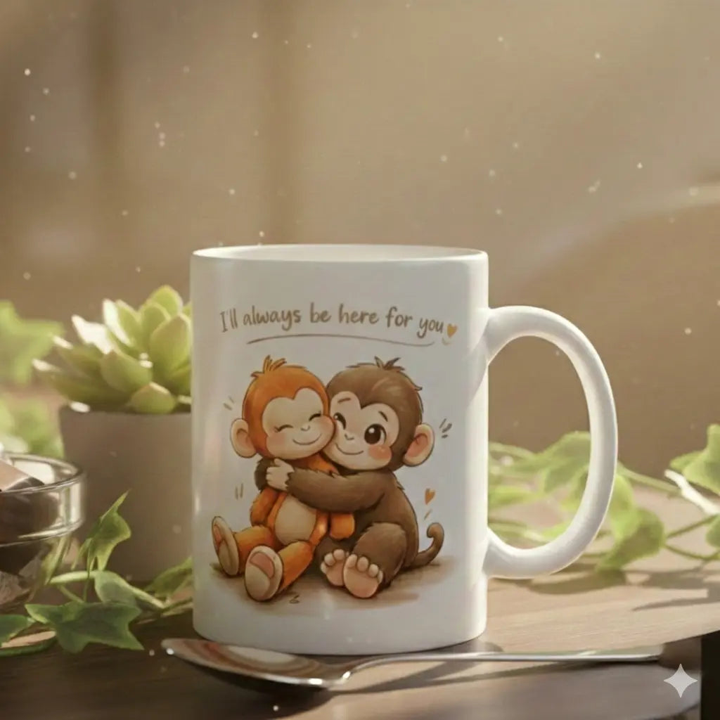 Cute Monkey Hug Ceramic Mug 🐵 ( Cozy Aesthetic Gift ) Printify