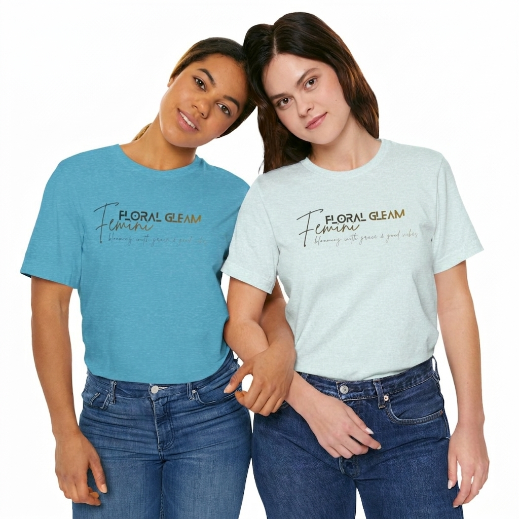 Two people wearing 'Floral Glam' t-shirts on a white background