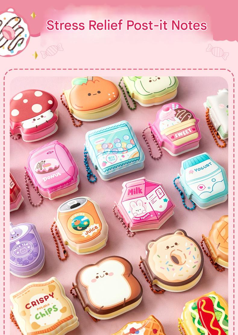 Stress relief post-it notes with cute designs on a pink background
