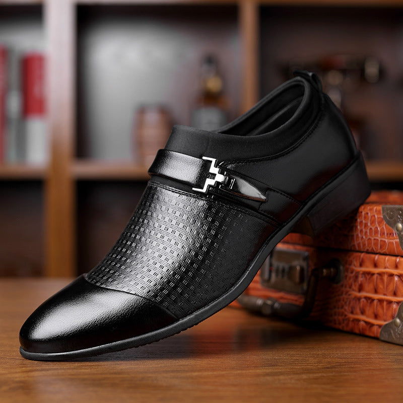 Valencrest™ Executive Leather Shoes – Premium English Black Shoes for Men displayed on wooden table with short briefcase