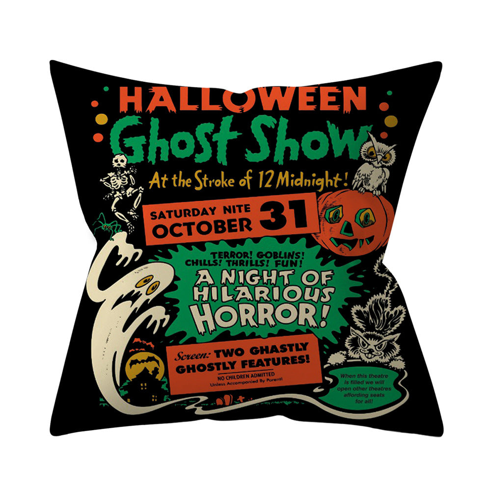 Halloween-themed pillow with vintage-style design featuring ghosts, pumpkins, and text.