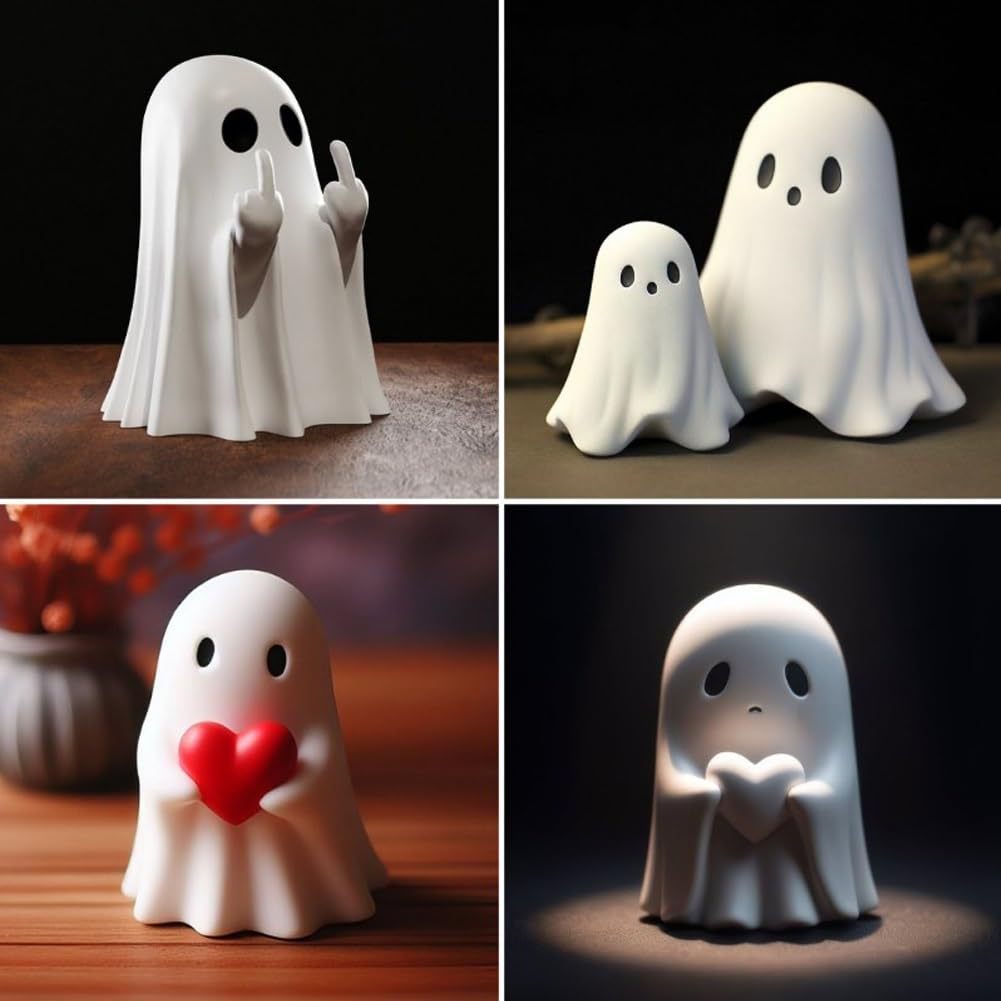 Set of four ghost-shaped night lights with different expressions and actions on a dark background.