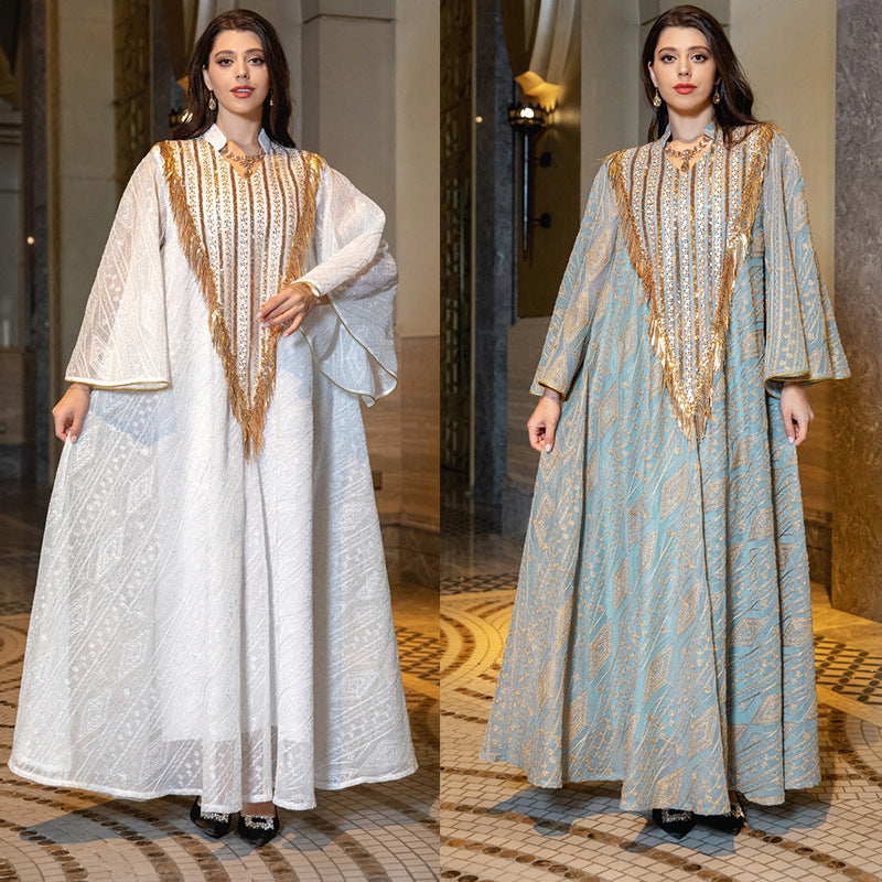 Two images of a woman wearing traditional outfits with intricate designs in an indoor setting.