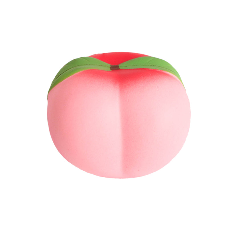 Pink round Peach Squishy with green top on a white background
