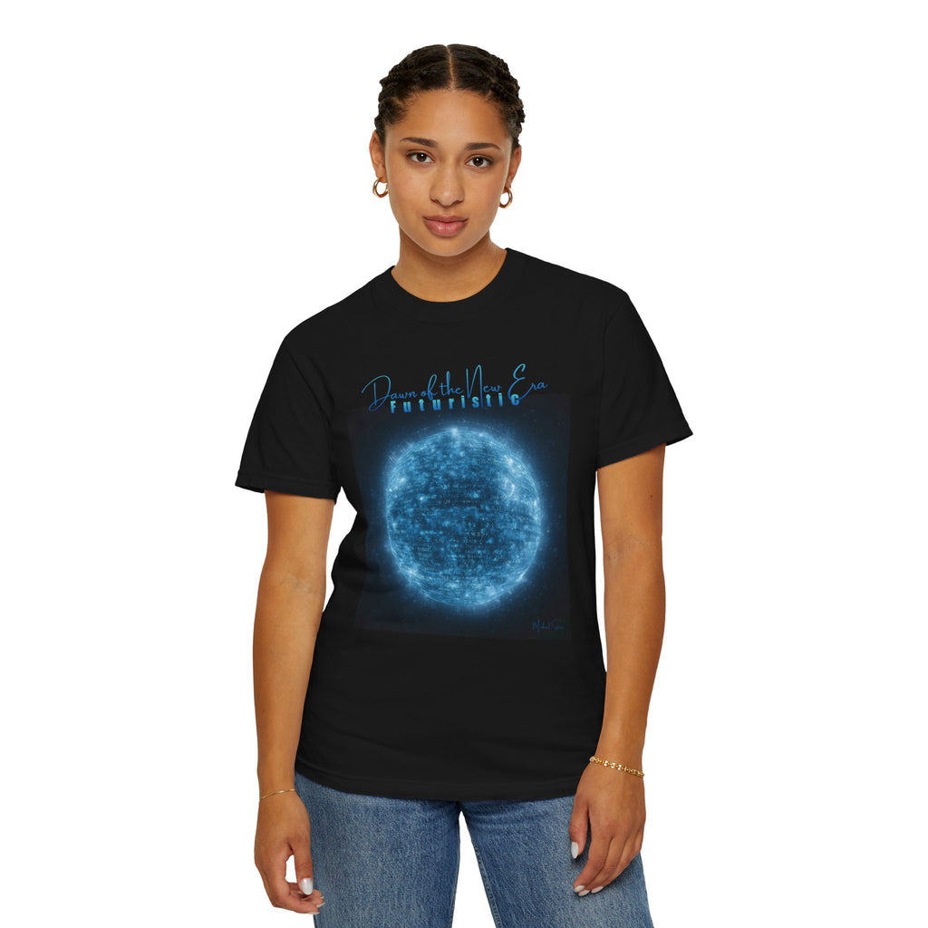 Person wearing a black t-shirt with a blue graphic design on a white background