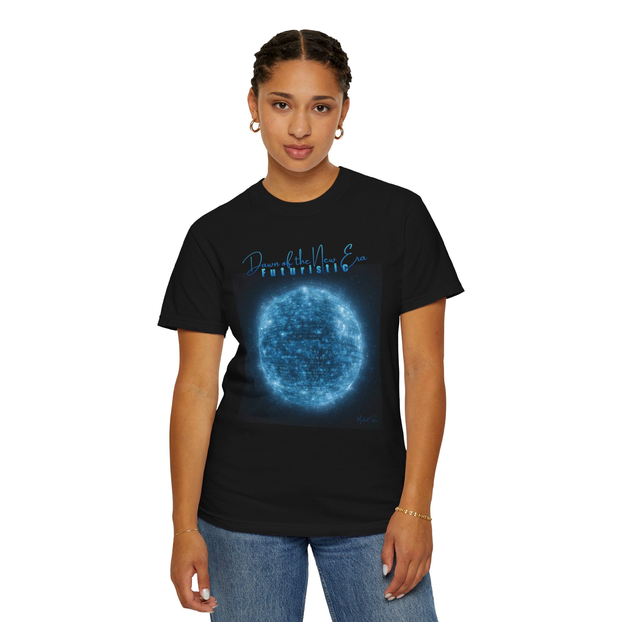 Person wearing a black t-shirt with a blue graphic design on a white background