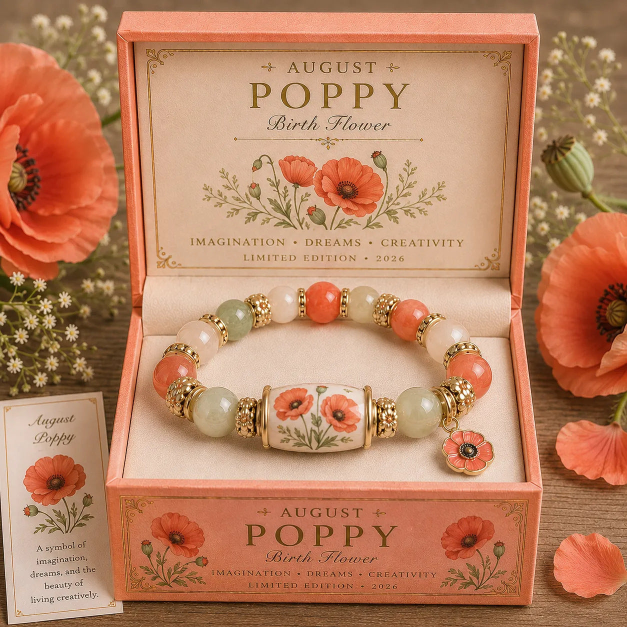 A beaded birth flower bracelet displayed inside an open coral-pink presentation box labeled 'August Poppy Birth Flower.' The bracelet features coral-orange beads, pale green beads, white pearl-like beads, gold-toned spacer rings, and a central rectangular charm with a poppy illustration.