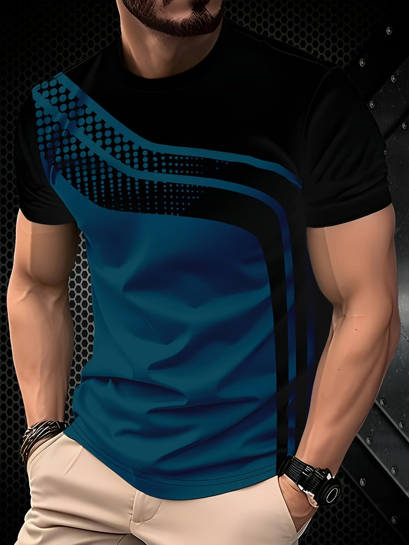Man wearing a black and blue t-shirt with geometric design against a dark textured background