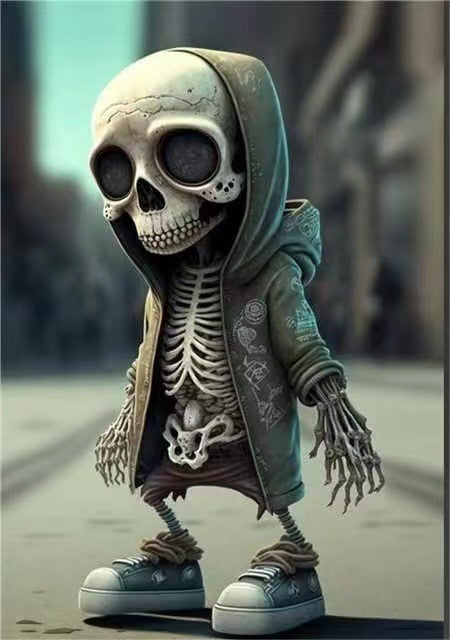 Skeleton character in a green coat with a hood on a blurred background