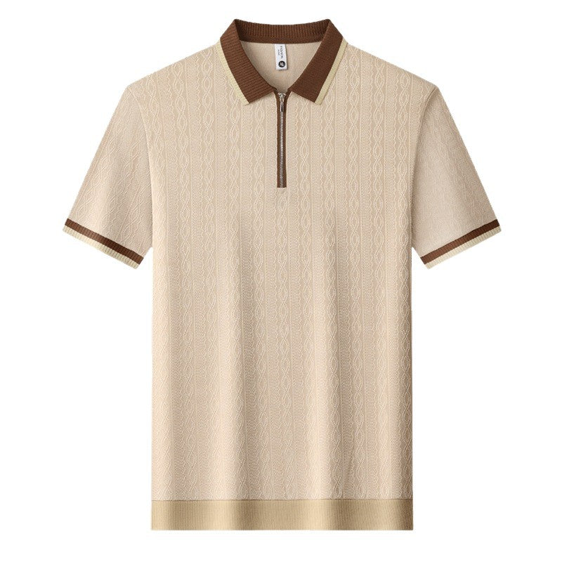 Beige polo shirt with brown accents on a white background