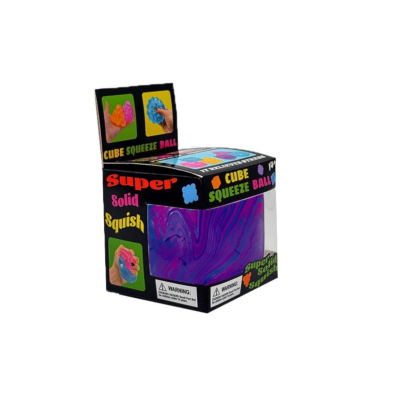 Box of Super Cube Squeeze Ball with colorful graphics on a white background