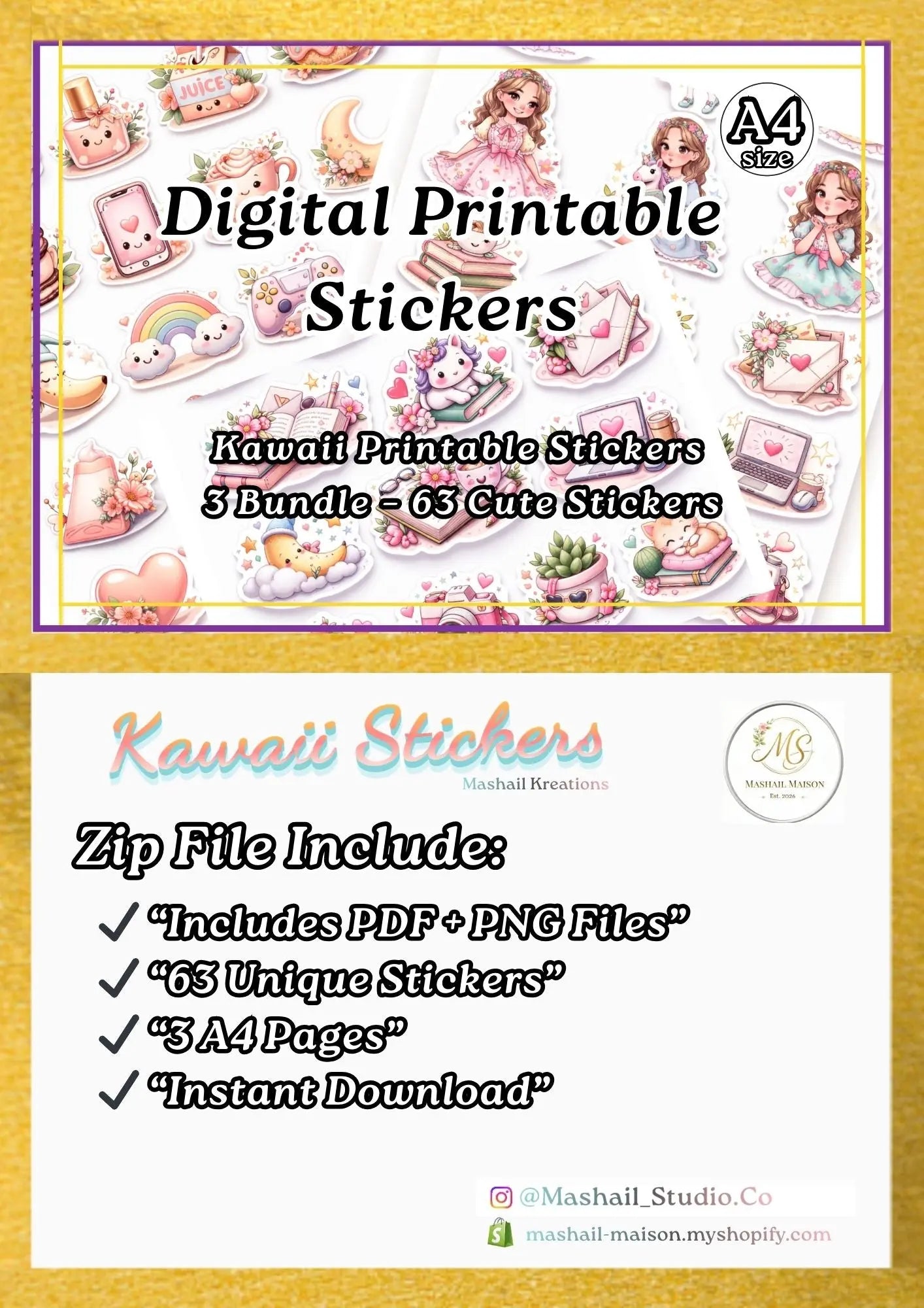 63 Cute Digital Sticker Pack - Printable PNG & PDF (A4) Mashail Maison